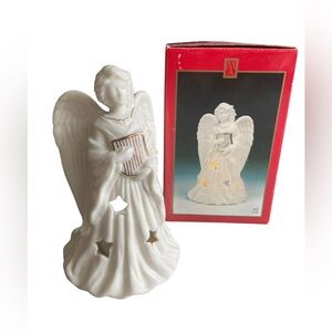 Vtg Madison Avenue Porcelain Angel with Harp Tea Light Votive With Gold Accents